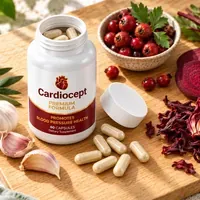 Cardiocept on a wooden board with garlic, olive leaf, hawthorn berries, beetroot and hibiscus
